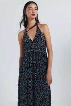 Vestido midi escote halter estampado geométrico