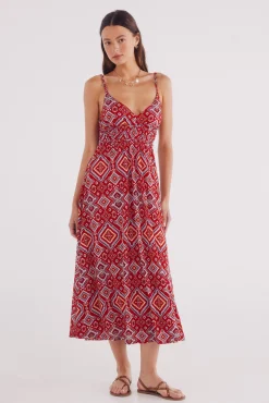 Vestido midi estampado detalles trenzados