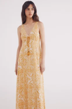 Vestido midi estampado mostaza