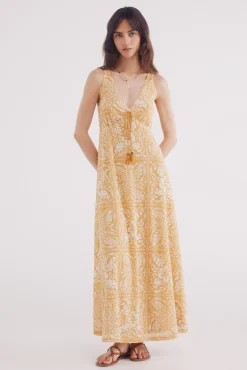 Vestido midi estampado mostaza